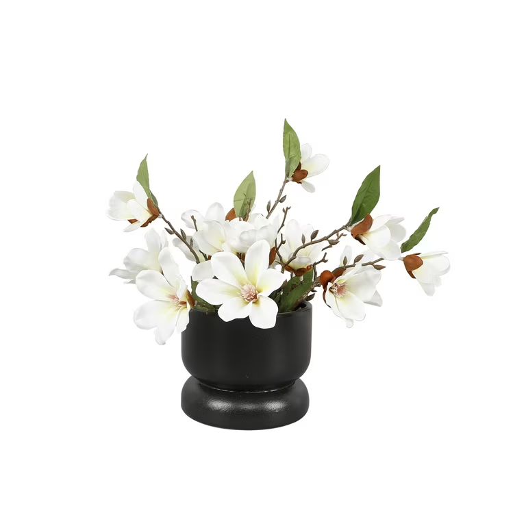 Flora Bunda 11" Artificial Magnolia Blooms in Black Ceramic Planter | Walmart (US)