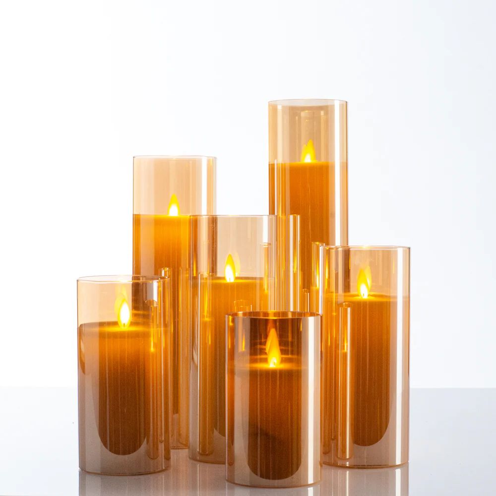 Moving Flameless LED Amber Glass Pillar Candles with Remote- Set of 6 | Darby Creek Trading