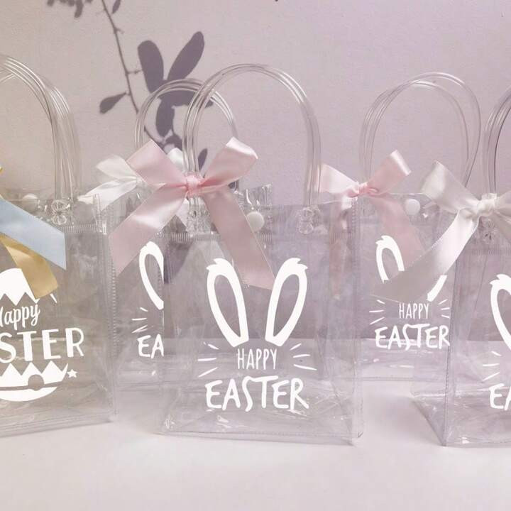 5Pcs Pink Blue Bunny Rabbit Bag Happy Easter Party Decoration Egg Clear With Handle Ribbons Reusa... | SHEIN