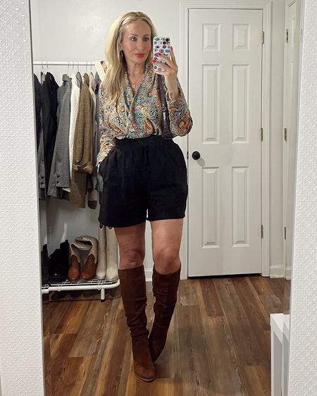Outfit to go see Nate Bargatze. Shein top, dressy black shorts & brown knees boots for a chilly spring night. 
.
.
.
.
#dressyshorts #sheintop #walmartboots #shortsandboots #paisleyprint #midsizeoutfits #midsizeootd 

#LTKStyleTip #LTKMidsize #LTKOver40