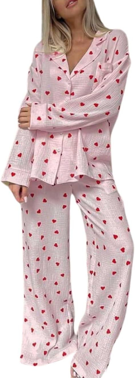 Womens Pajama Sets Cotton Pj Set Cute Heart Print Long Sleeve Button Down Shirt With Long Pants | Amazon (US)