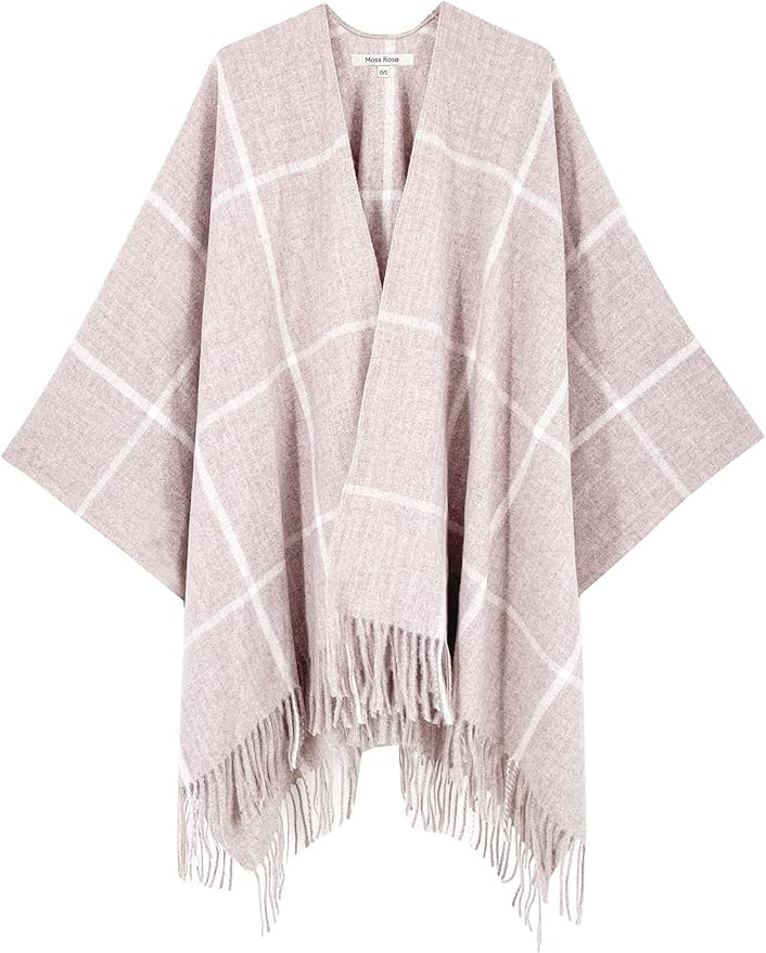 Moss Rose Women's Travel Plaid Shawl Wrap Open Front Poncho Cape for Fall Winter | Amazon (US)