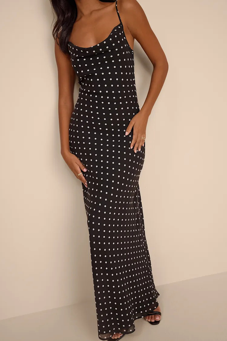 Adaria Black Polka Dot Cowl Neck Maxi Dress | Lulus