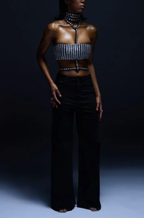 CALLING THE SHOTS RHINESTONE TOP IN BLACK SILVER | AKIRA