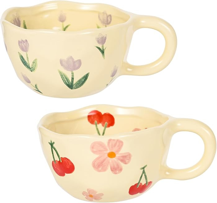 Ceramic Coffee Mug Vintage Flower Mugs 8 oz Cute Floral Coffee Mugs Irregular Latte Art Cup Lead-... | Amazon (US)