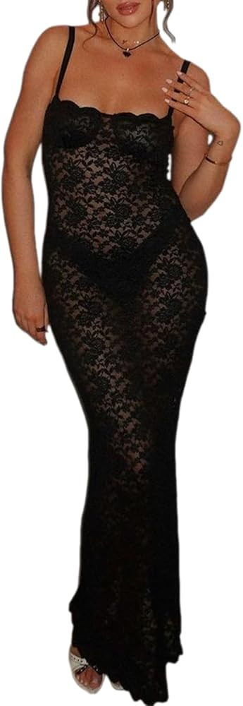 Womens Spaghetti Strap See Thru Back Split Maxi Lace Cocktail Dress Hollow Out Long Floral Lace E... | Amazon (US)