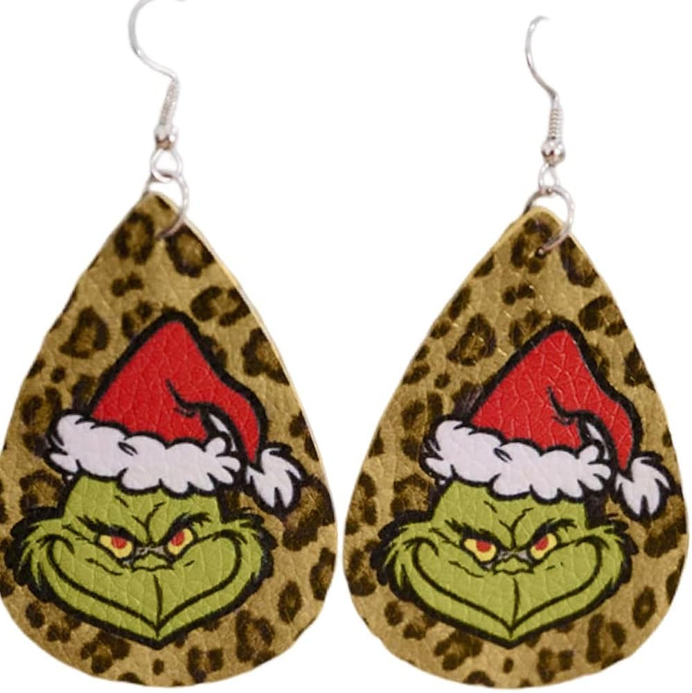 Cute Leopard Print Grinch Earrings for Christmas. Teardrop Shaped Faux Leather Leopard Print Earr... | Amazon (US)