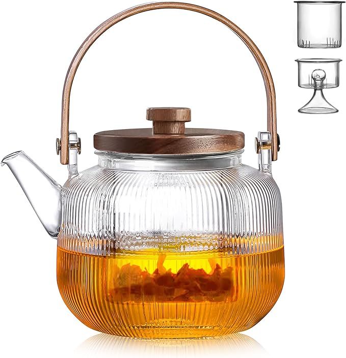 1000ml(33.8oz) Glass Teapot Kettle with 2 Type Removable Infuser and Wooden Lid, Borosilicate Gla... | Amazon (US)
