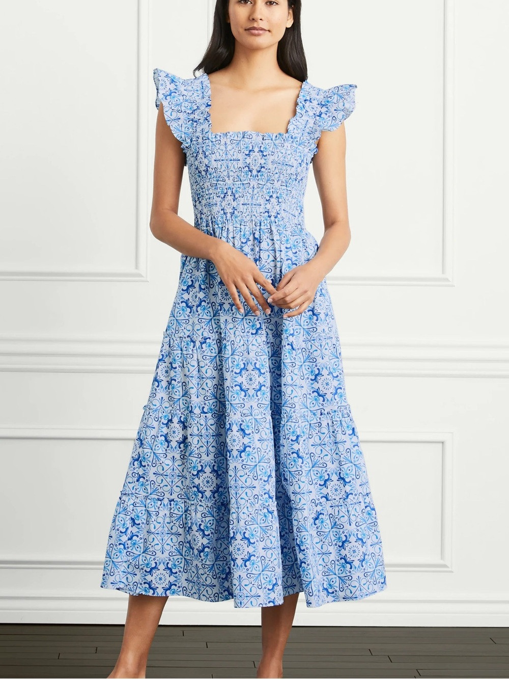 Hill House Home The Nap Dress Blue White Tile Print Smocked Midi, XS S M | Poshmark