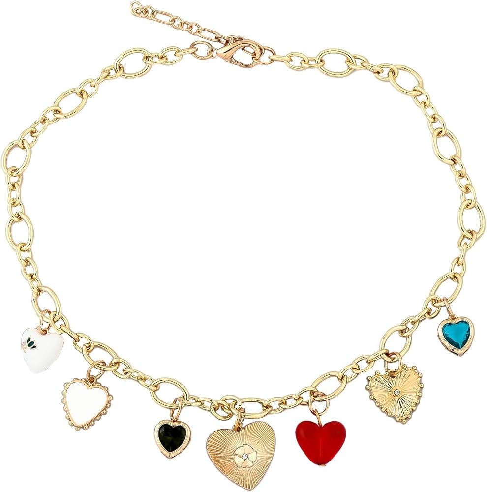 Chunky Heart Charm Necklaces for Women - Gold Different Heart Pendents Choker Link Chain Jewelry ... | Amazon (US)