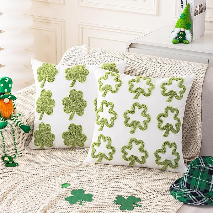 St Patricks Day Shamrock Couch Throw Pillow Covers 18x18 2pcs White Green Embroidery Lucky Clover... | Amazon (US)