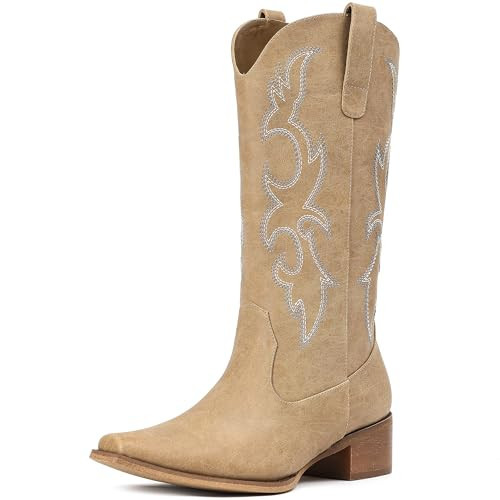 Light Brown Cowboy Boots for Women - Embroidered Cowgirl Boots Western Mid Calf Fashion Chunky Heel Pointed Toe Country Boot 9.5 | Amazon (US)