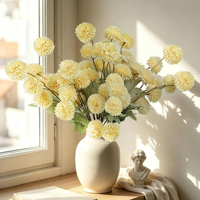INQCMY Fake Fall Mums Artificial Kiku Yellow Flowers 20" Long Stem | 12 Bundles Realistic Faux Ch... | Amazon (US)