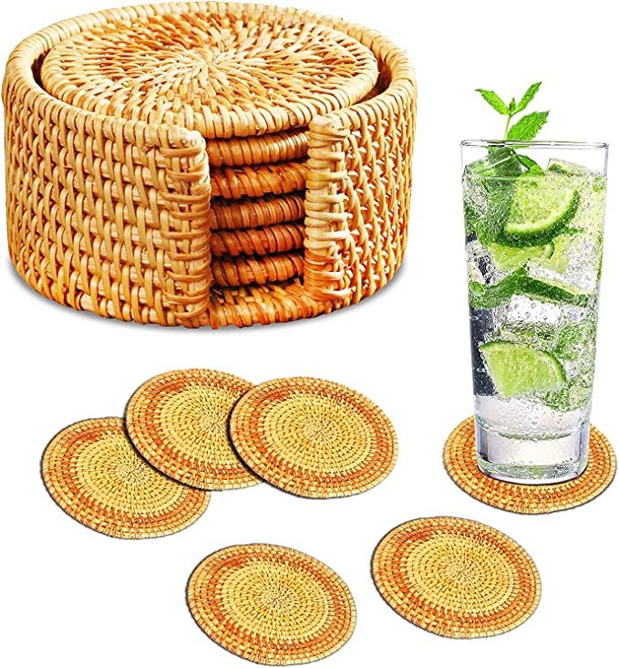 Rattan Coasters, Wicker Boho Coasters, Handmade Natural Woven Coasters for Drinks, Round Straw Wo... | Amazon (US)