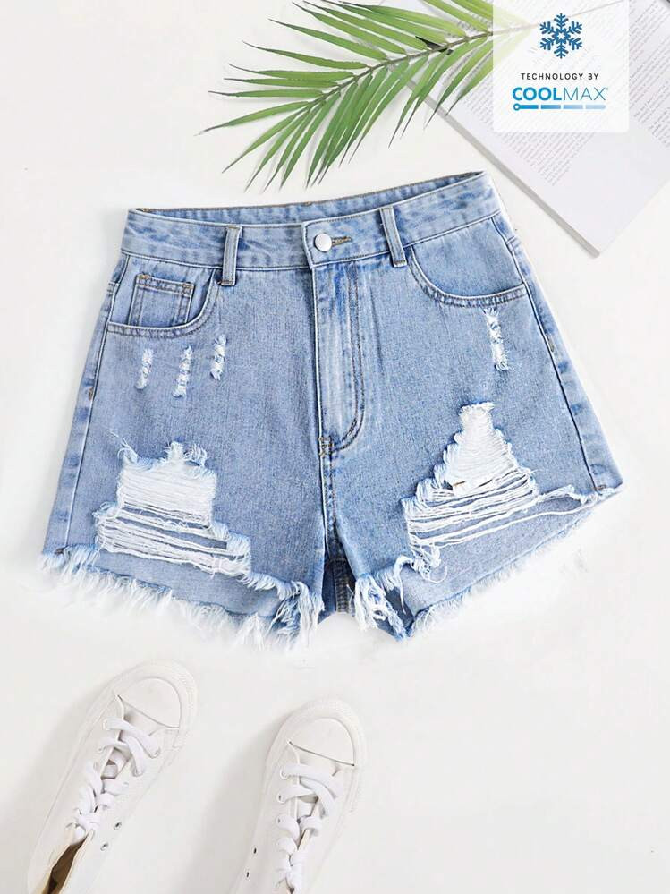 Denim ripped Shorts  | SHEIN
