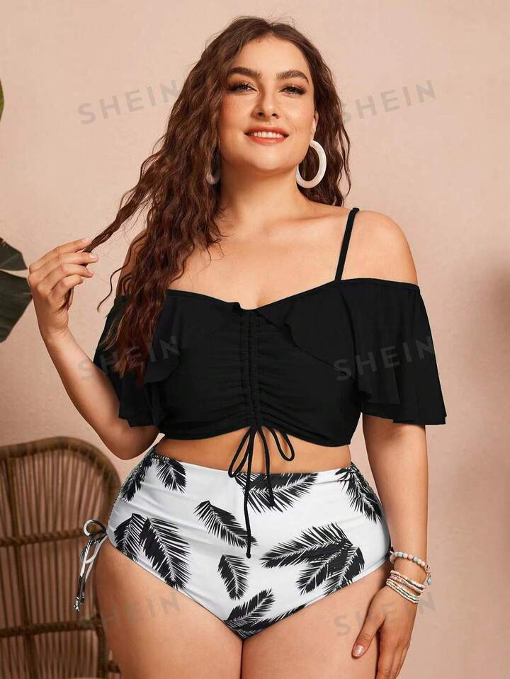 SHEIN Swim Curve Plus Tropical Ruffle Tie Side Bikini Swimsuit | SHEIN