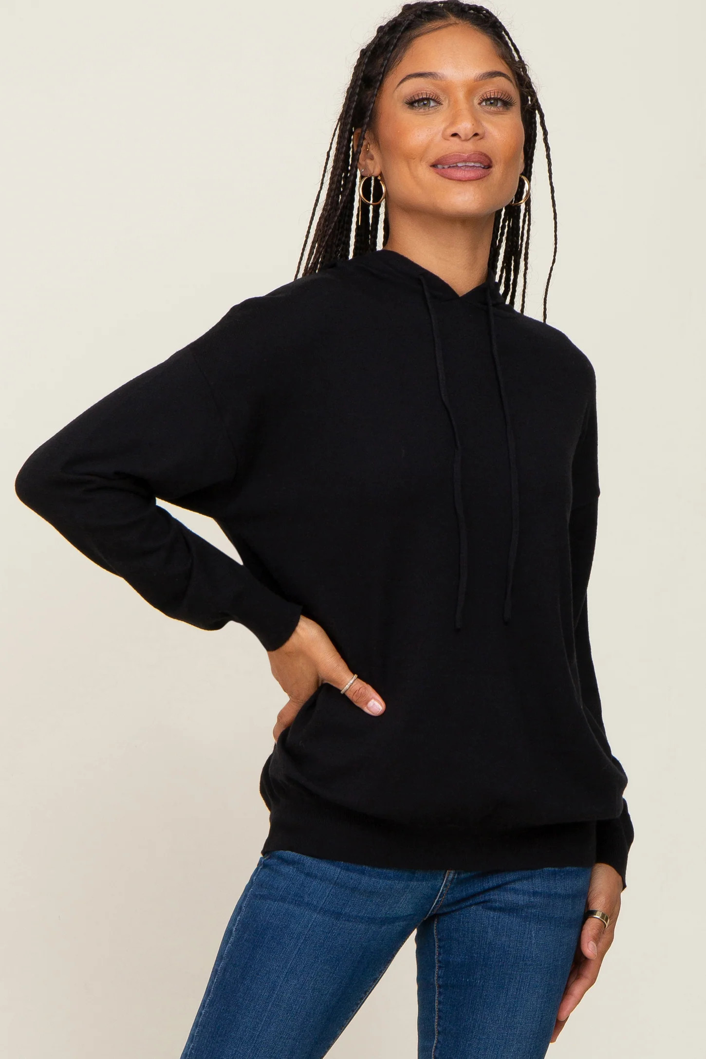 Black Knit Hooded Long Sleeve Top | PinkBlush Maternity