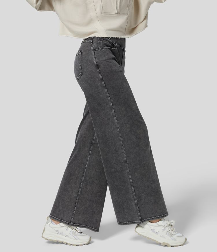 Women’s Halara Flex™ High Waisted Multiple Pockets Wide Leg Loose Stretchy Knit Work Jeans - ... | HALARA