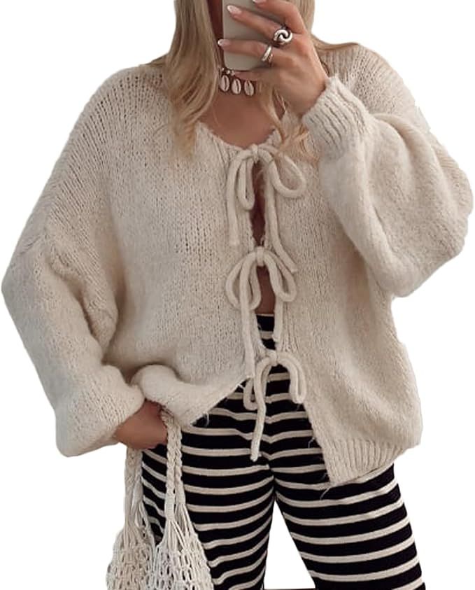 Women Y2k Tie Front Knitted Cardigan Long Sleeve Open Front Sweater Oversized Cardigan Tops Cute ... | Amazon (US)