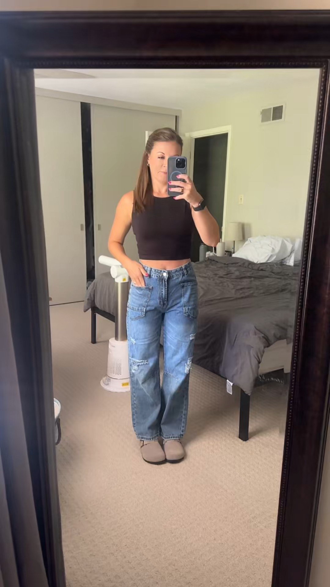 Easy transitional outfit into fall. Jeans have  perfect barrel to straight leg mix, are lightweight, mid rise, with deep functional pockets. Tank came in a pack of three and is also lightweight. Clogs are such an easy transition from sandals while giving off fall feels. Easy outfit to throw on for any casual outting. #transitionaloutfit #fallclothes #clogs #jeans #backtoschool 

#LTKSeasonal #LTKPetite #LTKFindsUnder50