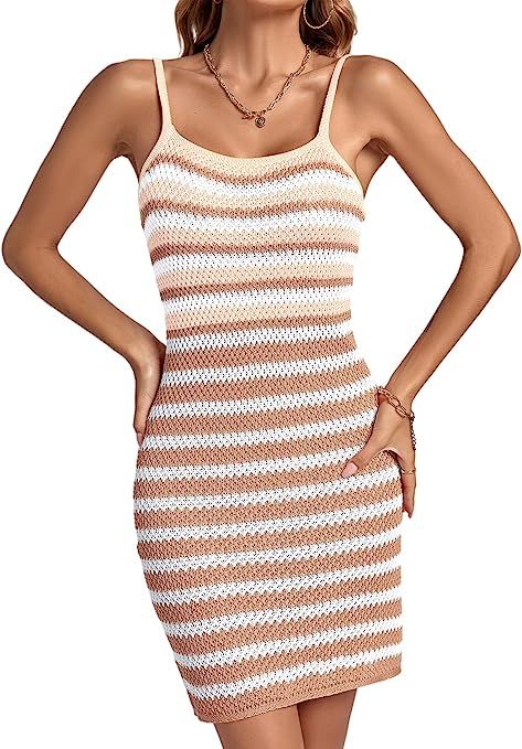 LYANER Women's Knit Beach Cover Up Dress Square Neck Spaghetti Strap Stripe Sleeveless Cami Cover... | Amazon (US)