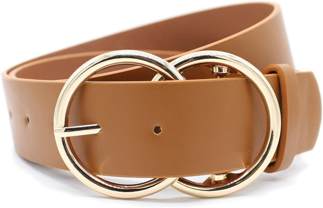Women's Fashion 1 1/2" Mid Width Faux Leather Double Rings Buckle Belt | Amazon (US)