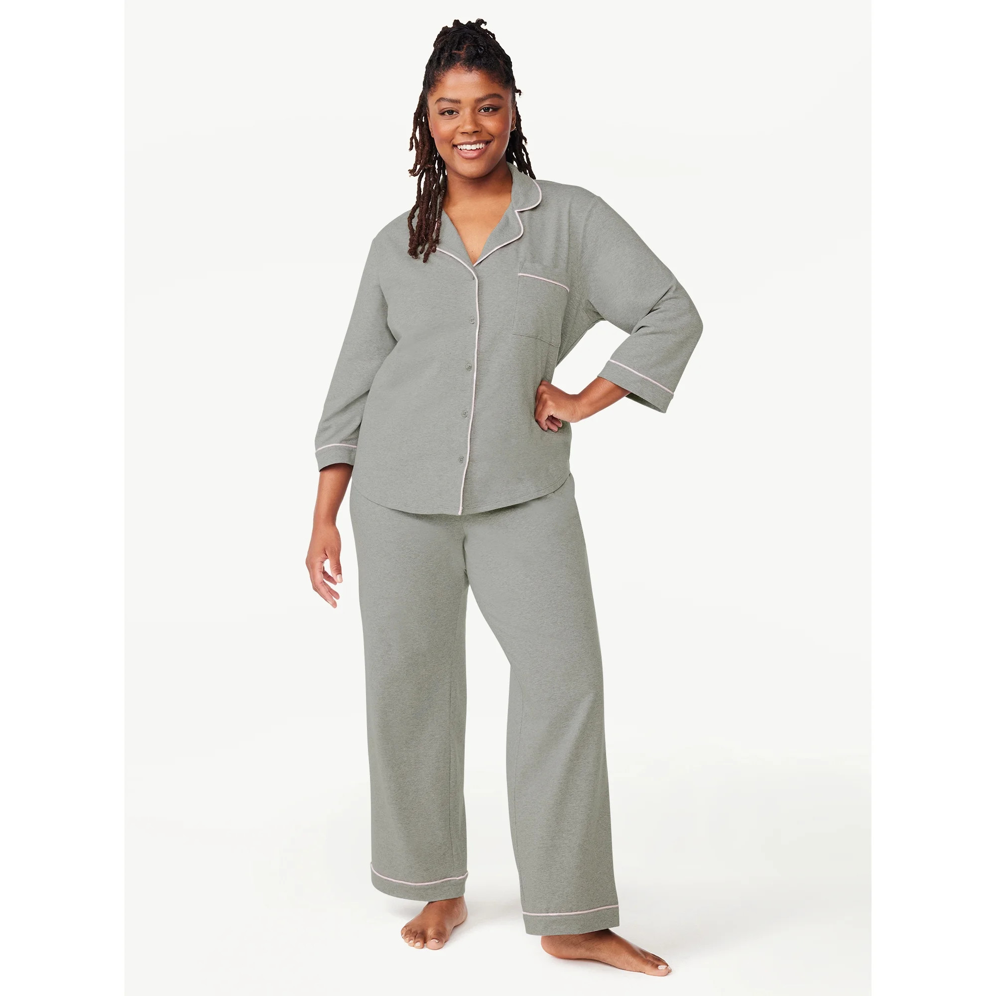 Joyspun Women’s Knit Notch Collar Top and Pants Pajama Set, 2-Piece, Sizes S to 4X | Walmart (US)