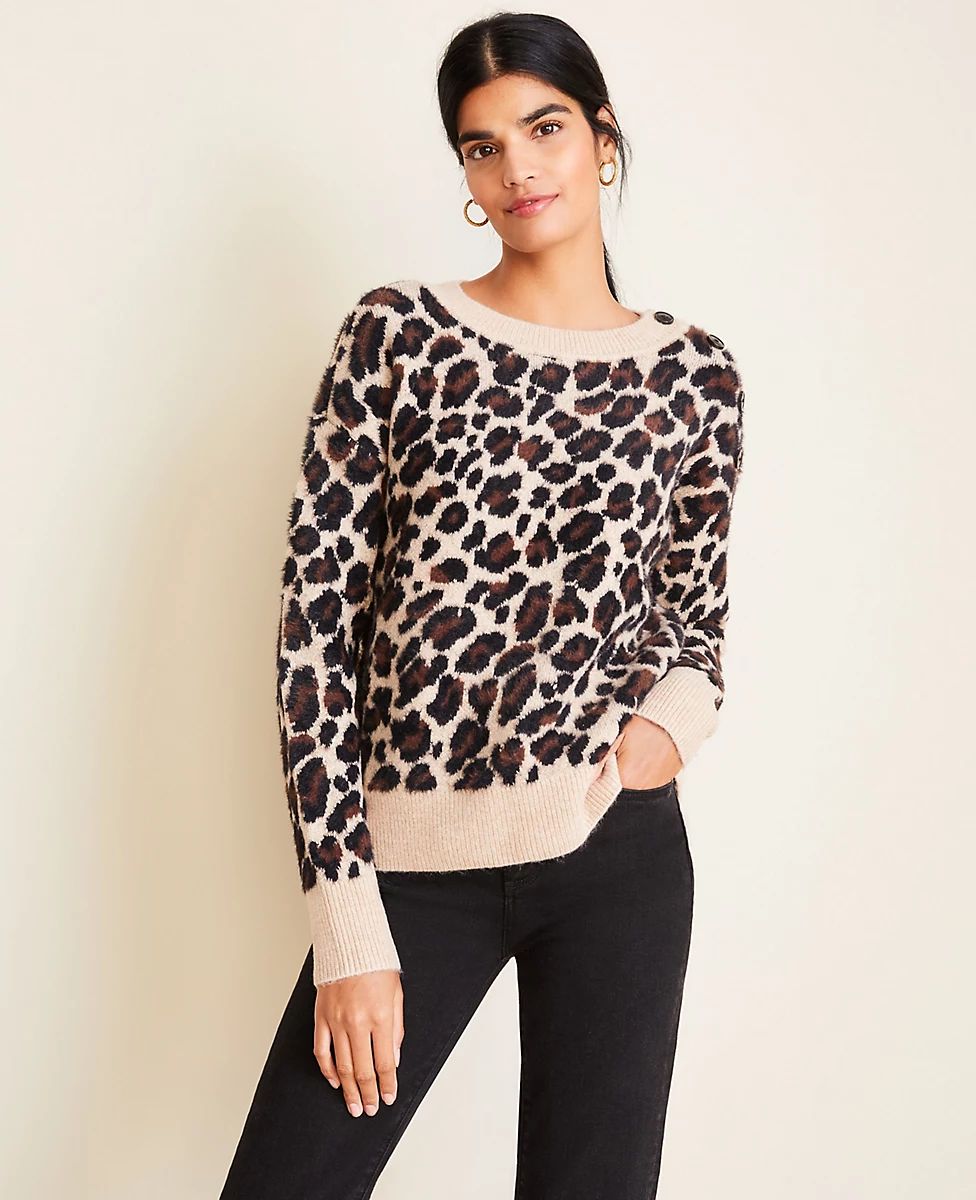 Brushed Leopard Print Shoulder Button Sweater | Ann Taylor (US)