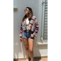 Handmade Crochet Patchwork Cardigan, Boho Cotton Crop Top, Granny Square Top | Etsy (US)