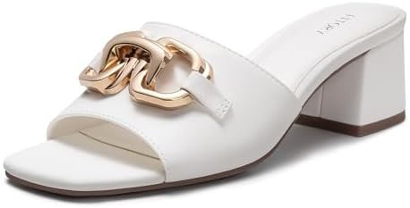 FITORY Womens Low Heel Sandals, Chunky Block Square Open Toe Slides 2026, Metal Chain Slip on Dre... | Amazon (US)
