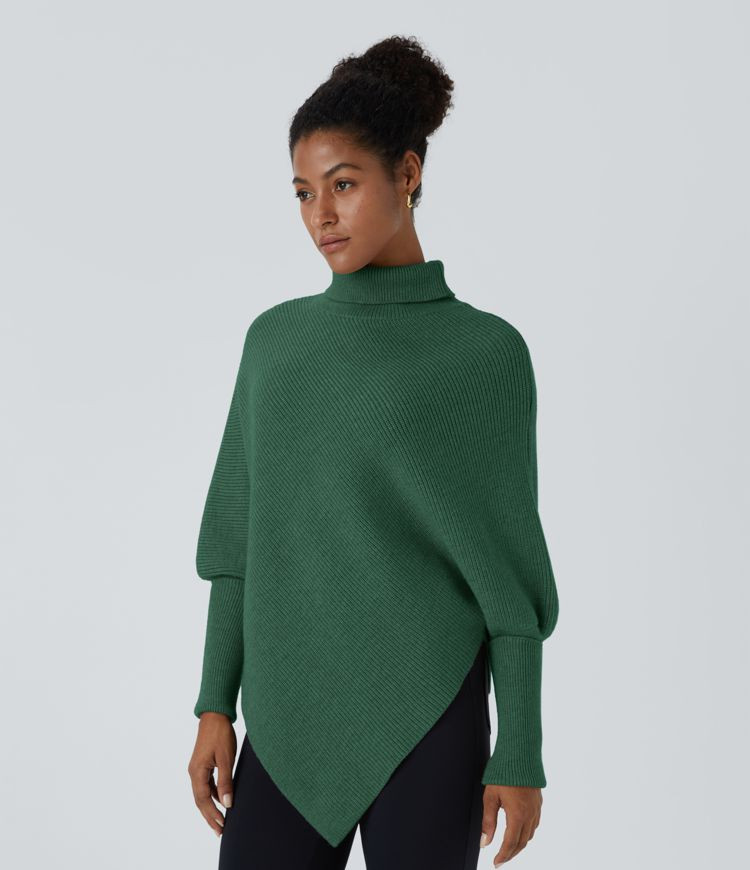High Neck Long Sleeve Asymmetric Hem Work Sweater | HALARA