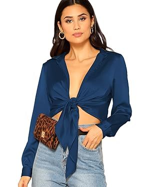 SheIn Women's Long Sleeve Self Tie Knot Front Satin Crop Top Blouse Shirt | Amazon (US)