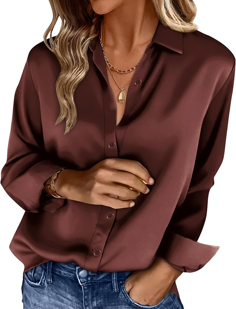 OFEEFAN Womens Button Down Shirts Long Sleeve Tops Silk Satin Blouses Business Casual Fashion Out... | Amazon (US)
