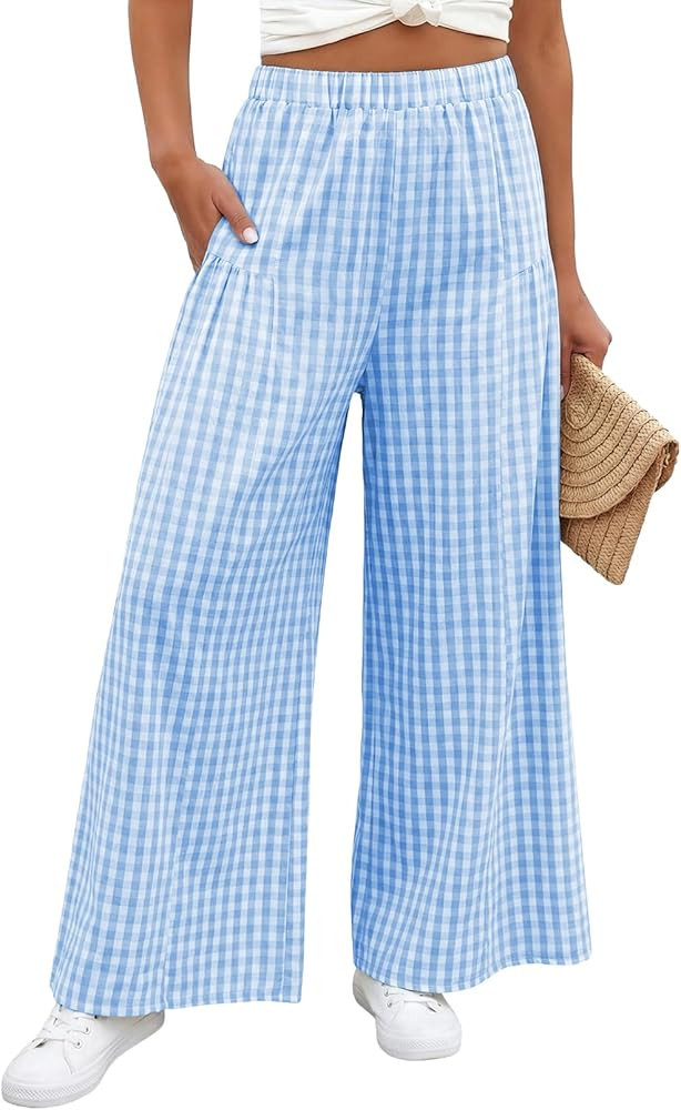 EVALESS Women's Wide Leg Palazzo Pants Casual Elastic High Waisted Cotton Gingham Plaid Culottes ... | Amazon (US)