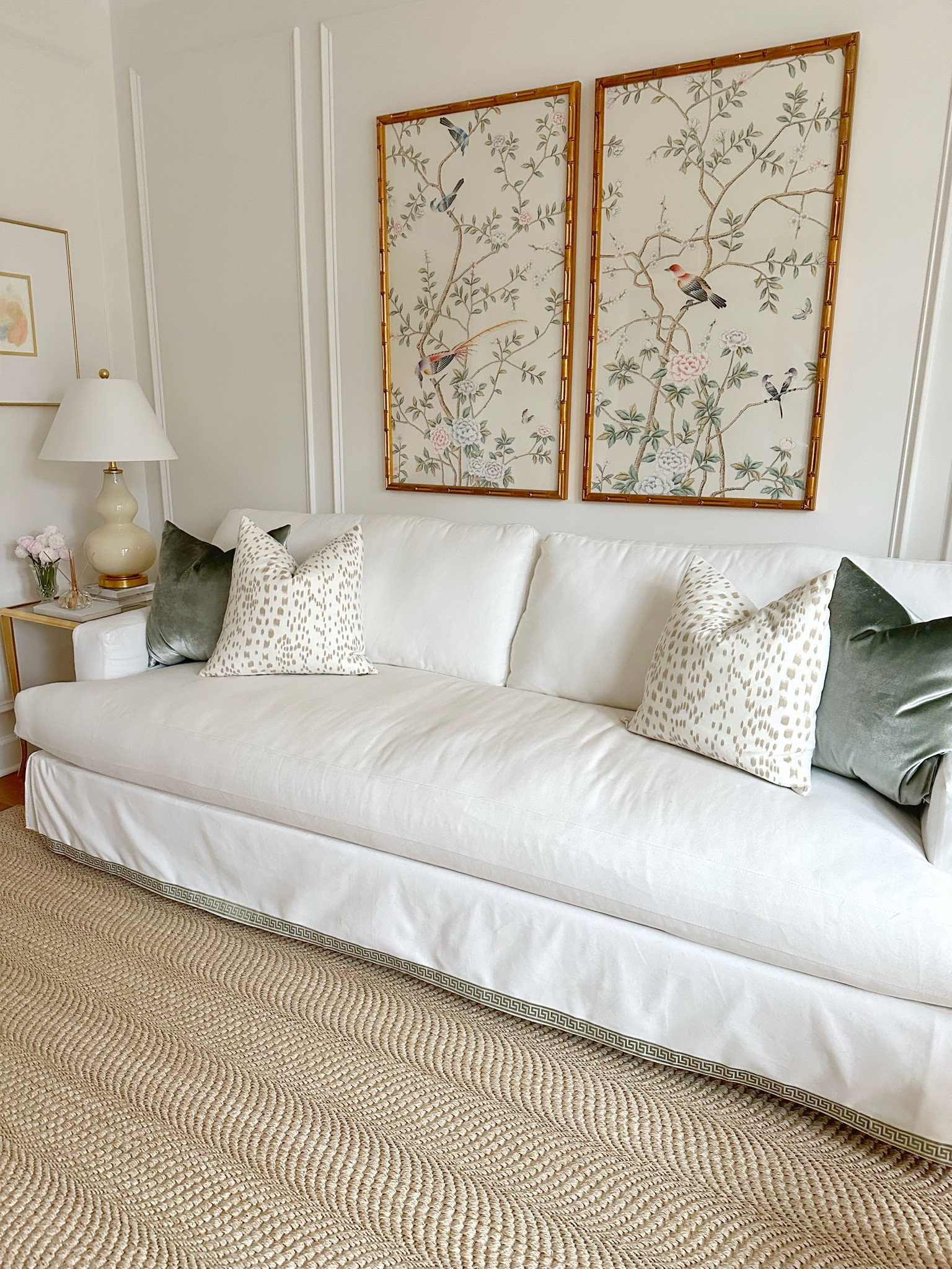 Living room, sitting room, velvet throw pillow, Les touches, Brunschwig & Fils, grand millennial, glam, traditional, slipcovered sofa, pottery barn, chinoiserie panels, Etsy, table lamp, sisal area rug, Ballard designs 

#LTKhome #LTKFind