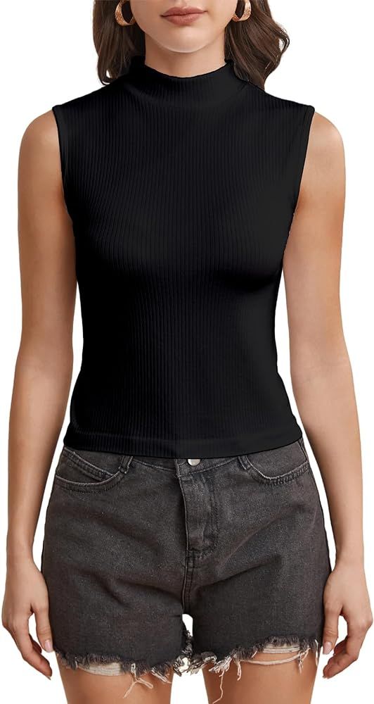 Women's Mock Turtleneck Top Sleeveless Solid Rib Knit Form Fitting Scoop Tank Tops Basic Cami Shi... | Amazon (US)