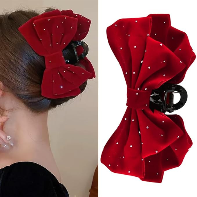 Large Bow Hair Claw Clips for Women Velvet Red Hair Bows with Rhinestones Big Claw Clips for Thic... | Amazon (US)