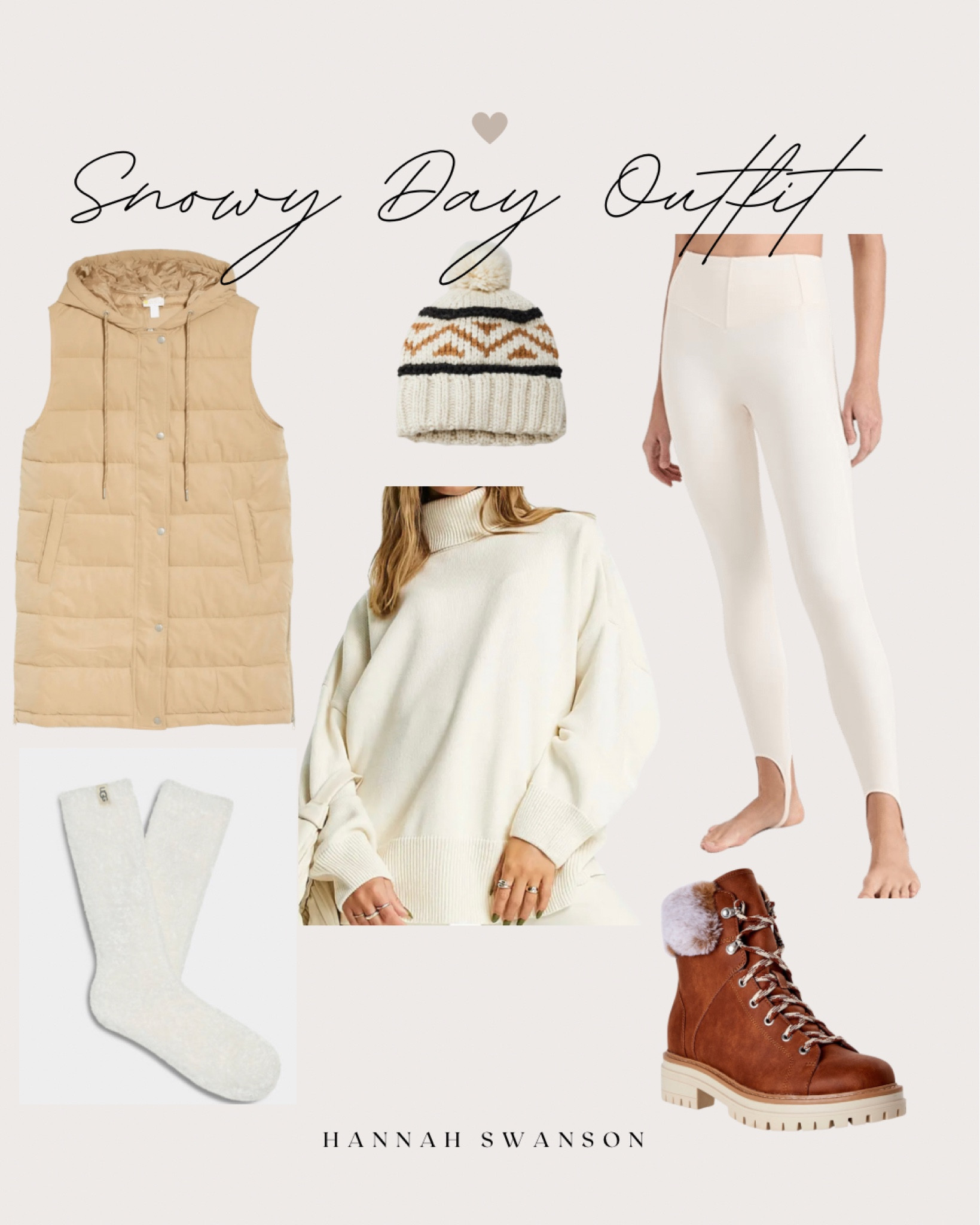 Warm clothes. Winter outfit. Puffer vest. Turtleneck sweater. Snow boots. Tan vest. Tan booties. Fuzzy socks. Ugg. White leggings. Cream sweater. Off white leggings. Winter hat. Beanie. Winter clothes. Cozy clothes. 

#LTKstyletip #LTKGiftGuide #LTKSeasonal