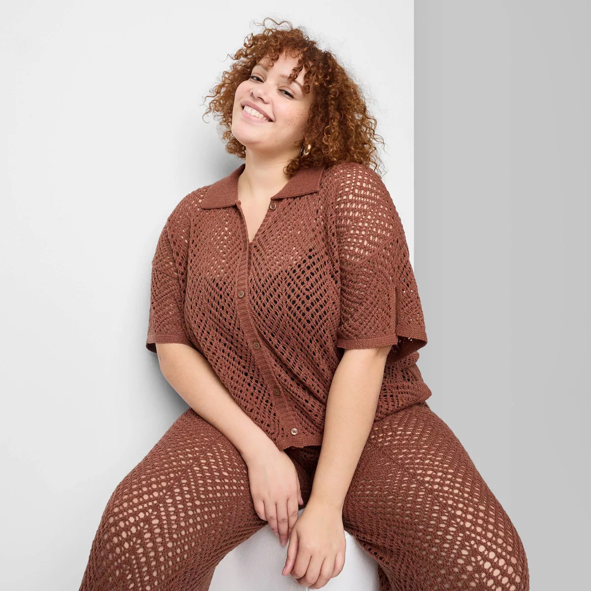 Women's Short Sleeve Open Work Camp Shirt - Wild Fable™ Dark Brown XXL | Target