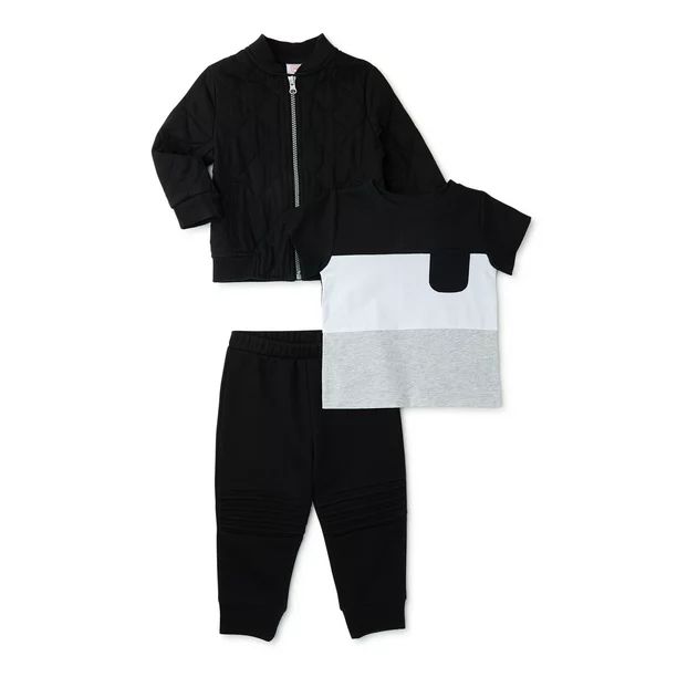 Wonder Nation Baby Boys Quilted Bomber Jacket, Joggers and T-Shirt, 3 Piece Outfit Set, Sizes 0/3... | Walmart (US)