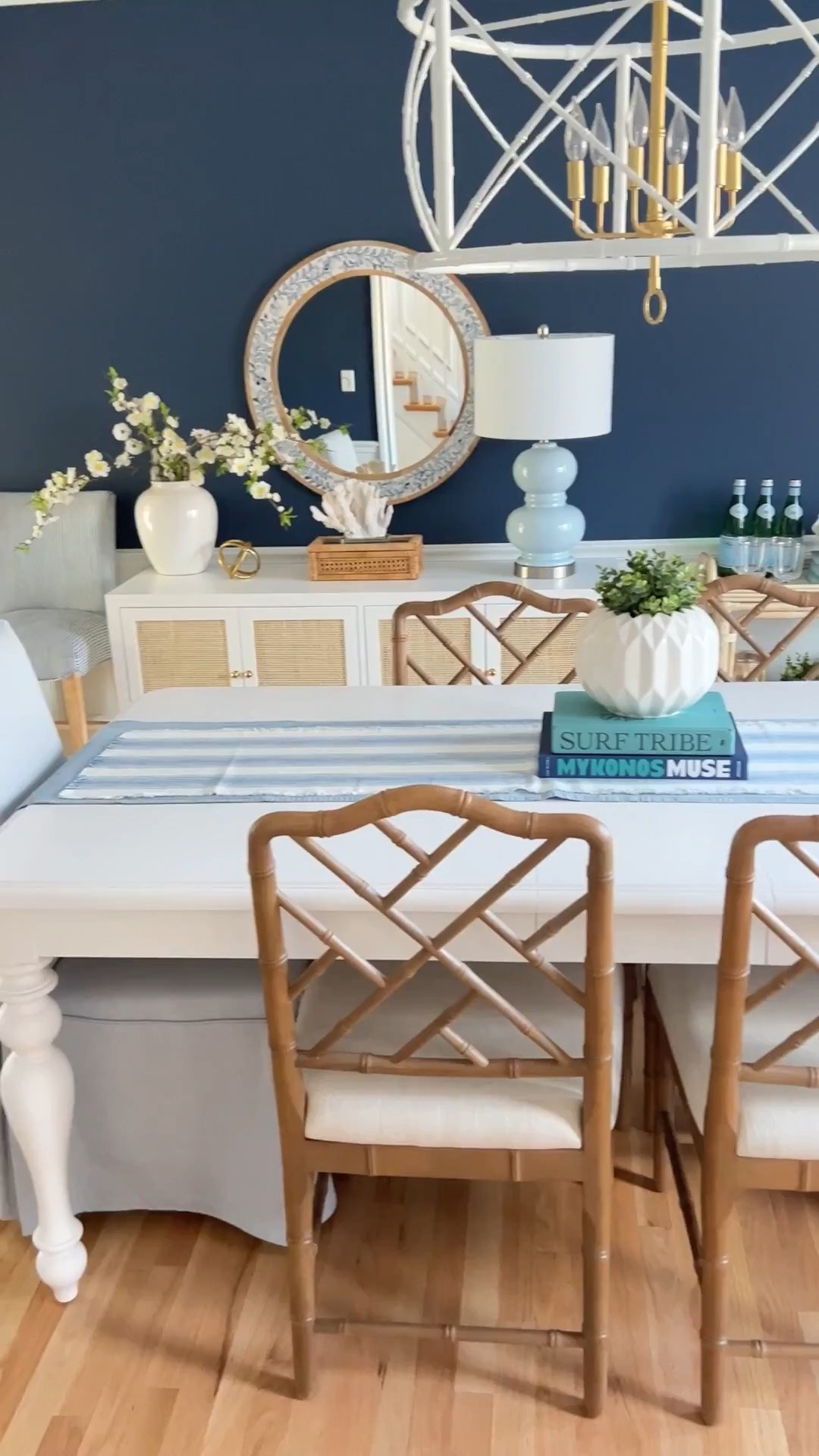 My coastal dining room features a white dining table, blue dining chairs, and blue and white accent pieces for a classic modern coastal look. I love how the crisp white furniture paired with layered blue and white decor makes this space feel bright, airy, and designer-inspired.



#LTKHome #LTKSaleAlert #LTKU