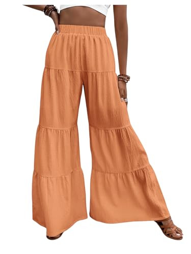 Floerns Women's Elastic High Waist Ruffle Wide Leg Pants Loose Beach Palazzo Pants | Amazon (US)