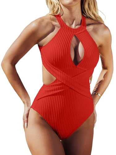 CUPSHE Women's One Piece Swimsuit High Neck Cutout Ribbed Texture Back Hook Hollow Wrapped, XS Crimson Red | Amazon (US)