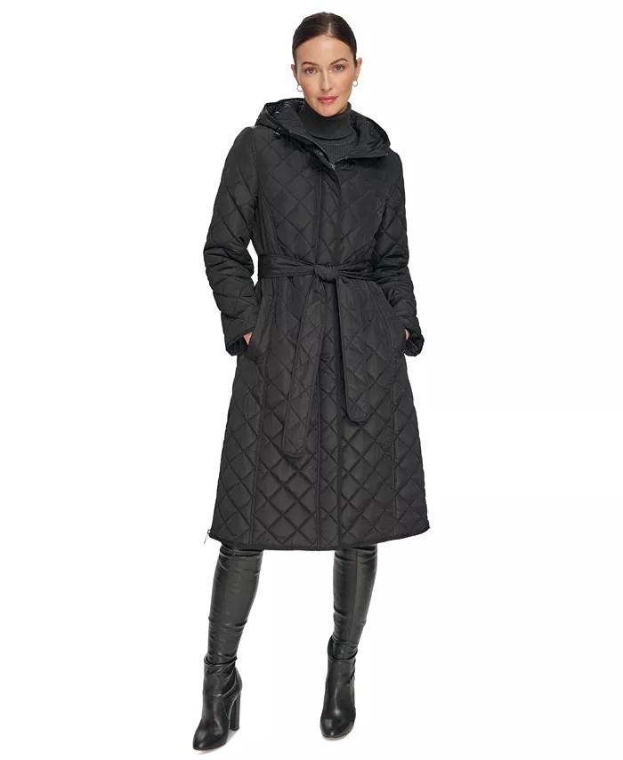 Women's Hooded Belted Quilted Coat | Macy's