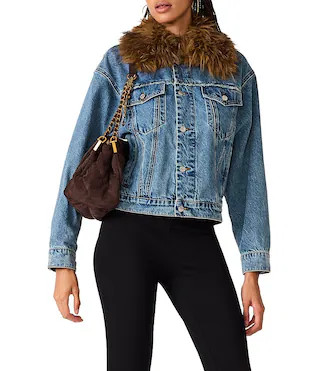 Steve Madden Marky Faux Fur Collared Long Sleeve Denim Trucker Jacket -  L | Dillard's