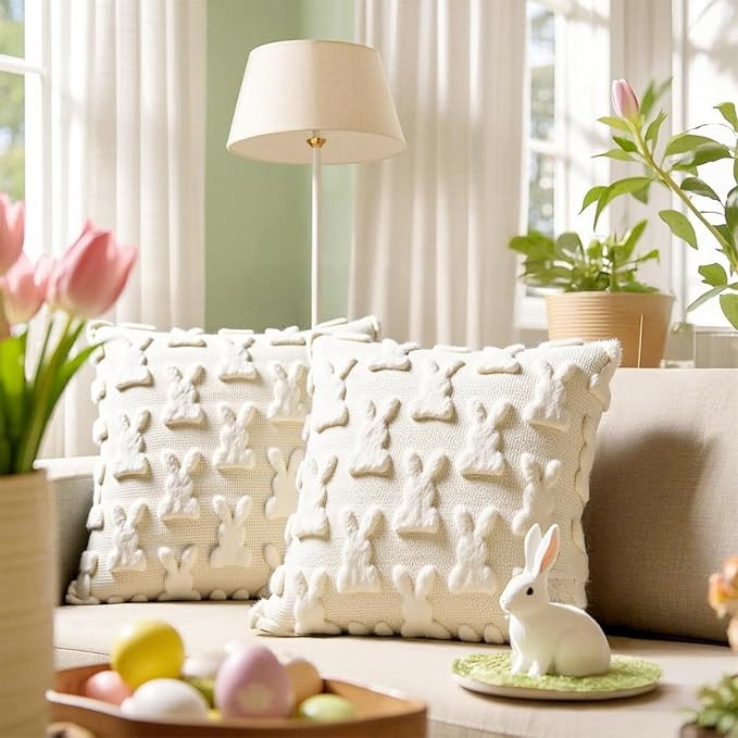 Easter Pillow Covers 18x18, 2Pcs Soft Beige Bunny Pillow Covers with Hidden Zipper, Easter Home D... | Amazon (US)