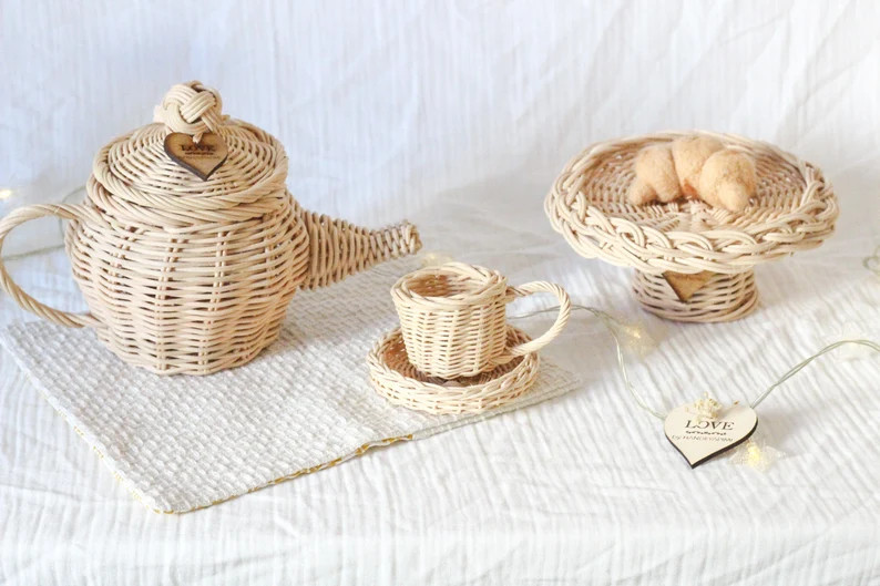 Rattan Teapot, Cup and Coaster ,cake Stand /tea Set, Natural Toys, Organic Toys, Miniature Toys, ... | Etsy (US)
