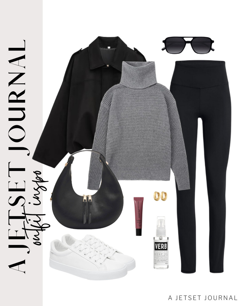 Start by wearing a ribbed knit turtleneck sweater and black buttery-soft leggings. Top it off with a black faux-suede bomber jacket for a finishing touch. You can also add SOJOS aviator sunnies and this lovely crescent underarm bag. Have you tried VERB Ghost oil and e.l.f. Glow Reviver Melting Lip Balm? They’re good, too! 

 #LTKSeasonal #LTKSaleAlert #LTKTravel