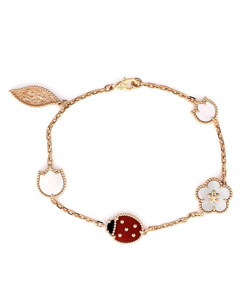 Pre-Owned Van Cleef & Arpels Lucky Spring 5 Motifs Bracelet 18K Rose Gold and Mother of Pearl with Onyx and Carnelian | Bloomingdale's (US)