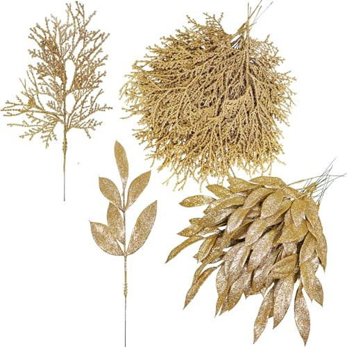 Winlyn 30 Pcs Christmas Artificial Leaf Sprays Cedar Picks Gold Glittered Christmas Tree Ornaments Floral Stems for Gold Christmas Tree Wreaths Swag Centerpieces Holiday Seasonal Wedding Decorations | Amazon (US)